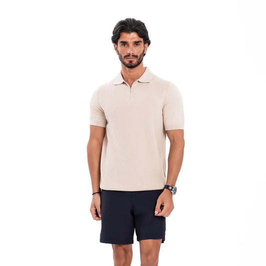 Cotton Zipper T-Shirt - Beige