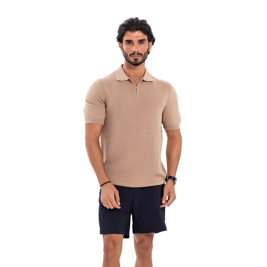 Cotton Zipper T-Shirt - Brown