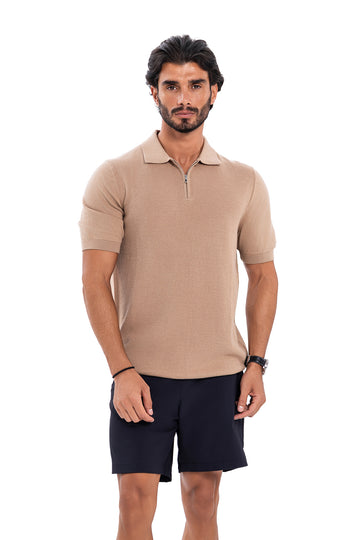Cotton Zipper T-Shirt - Brown