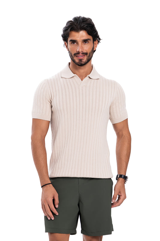 V-Polo Line T-Shirt - Beige