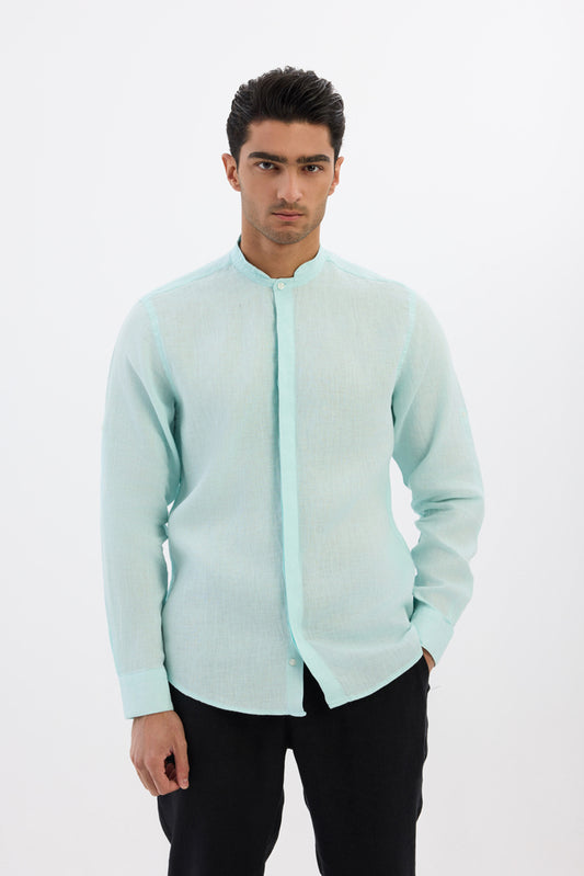 Mandarin collar 100% Linen -  Tiffany Blue