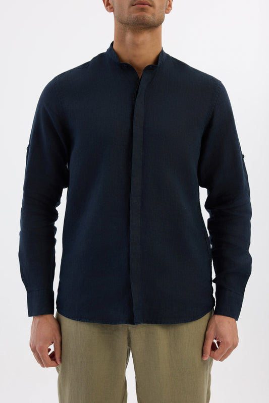 Mandarin collar 100% Linen - Navy Blue