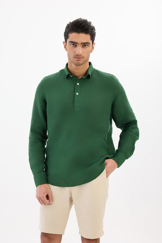 Half - Button 100% Linen shirt - Green