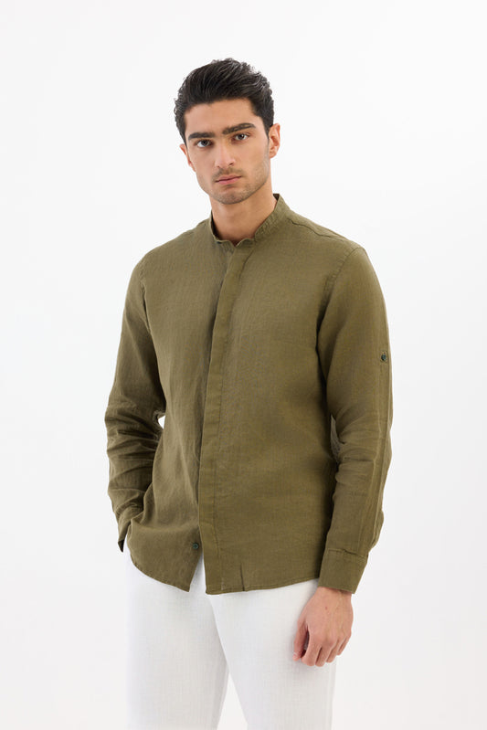 Mandarin collar 100% Linen - Green Army