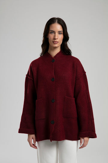 Button-Up Textured Jacket - Burgundy