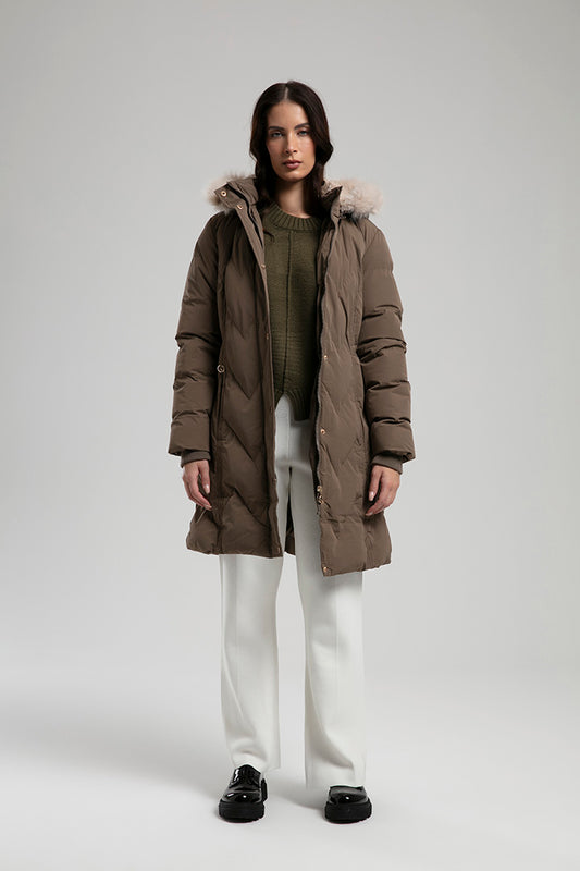 Long Puffer Parka with Faux Fur Hood – Brown