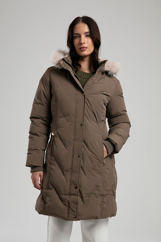 Long Puffer Parka with Faux Fur Hood – Brown