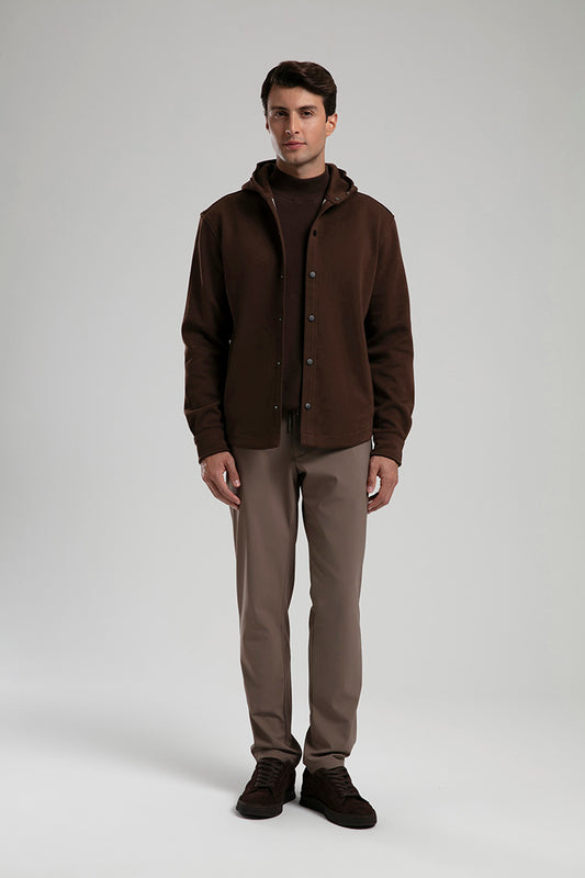 Hooded Snap-Button Jacket - Brown