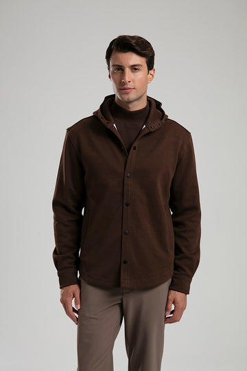 Hooded Snap-Button Jacket - Brown