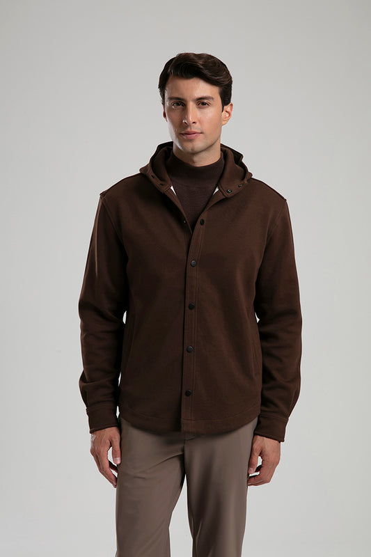 Hooded Snap-Button Jacket - Brown