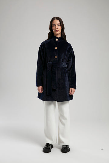 Belted Coat with Gold Buttons - Navy