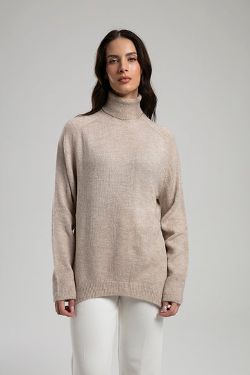 High-Neck Knit Sweater - Beige