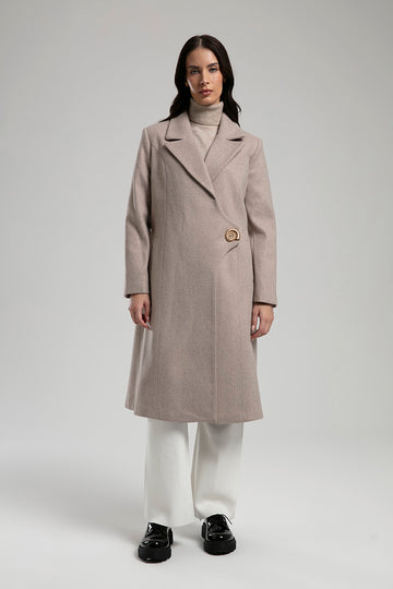 Wool Coat with Statement Button - Beige