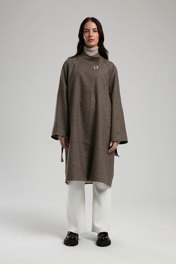 Textured Coat with Statement Button - Brown
