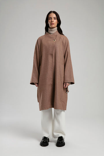 Textured Coat with Statement Button - Camel