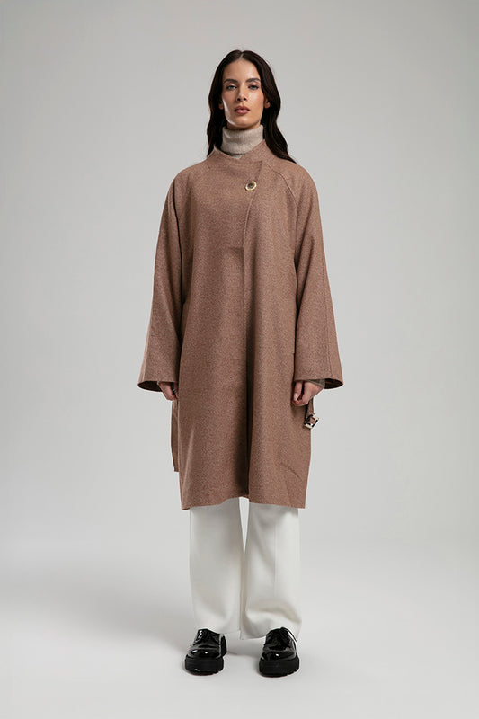 Textured Coat with Statement Button - Camel