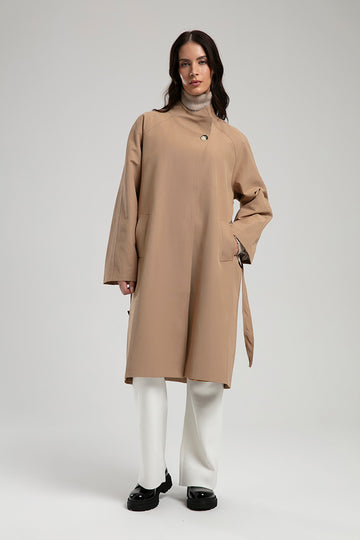 Waterproof Coat with Single Button - Camel