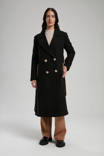 Classic Double Breasted Long Coat - Black