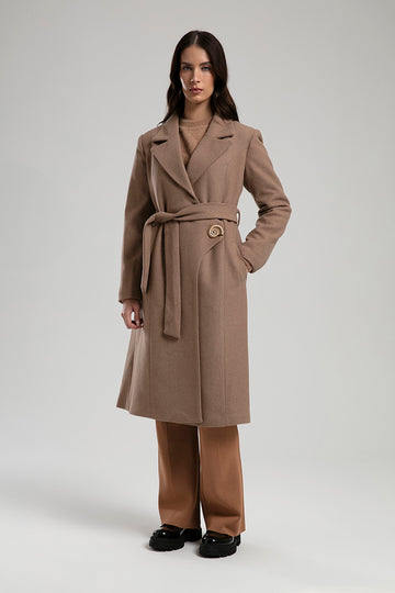 Wool Coat with Statement Button - Camel