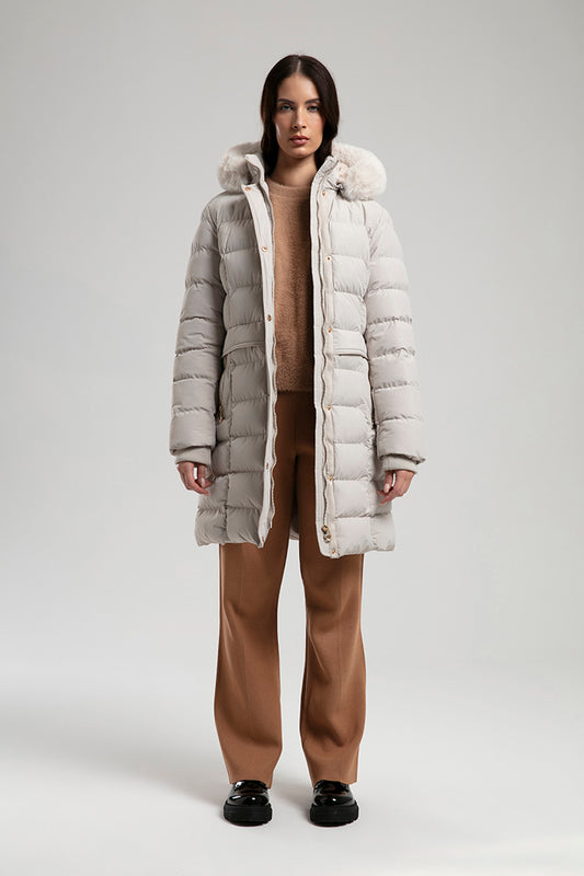 Long Puffer Parka with Faux Fur Hood – Beige