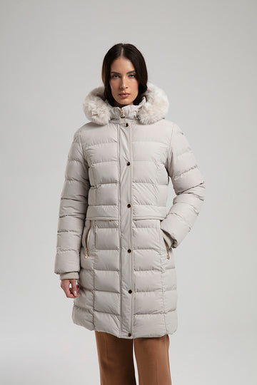 Long Puffer Parka with Faux Fur Hood – Beige