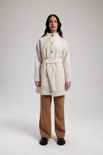 Belted Coat with Gold Buttons - Beige