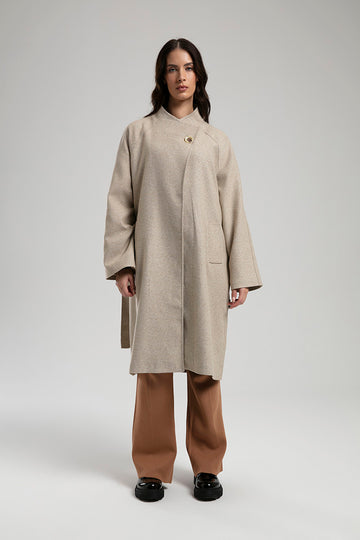 Textured Coat with Statement Button - Beige