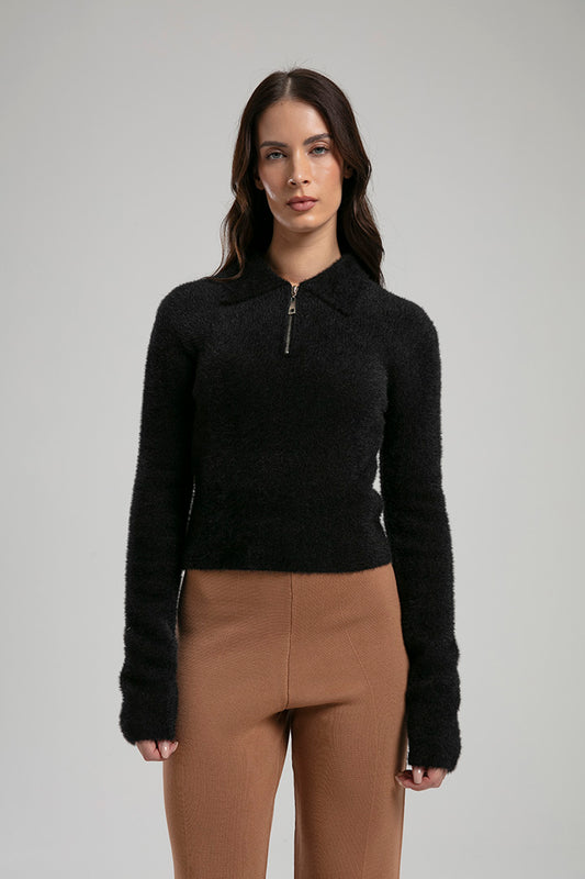 Fuzzy Knit Half-Zip Sweater - Black