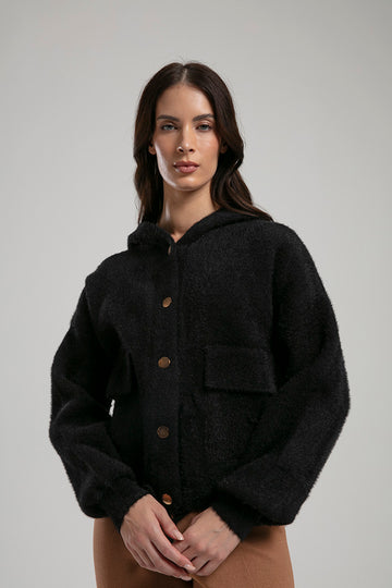 Button-Up Hooded Jacket - Black