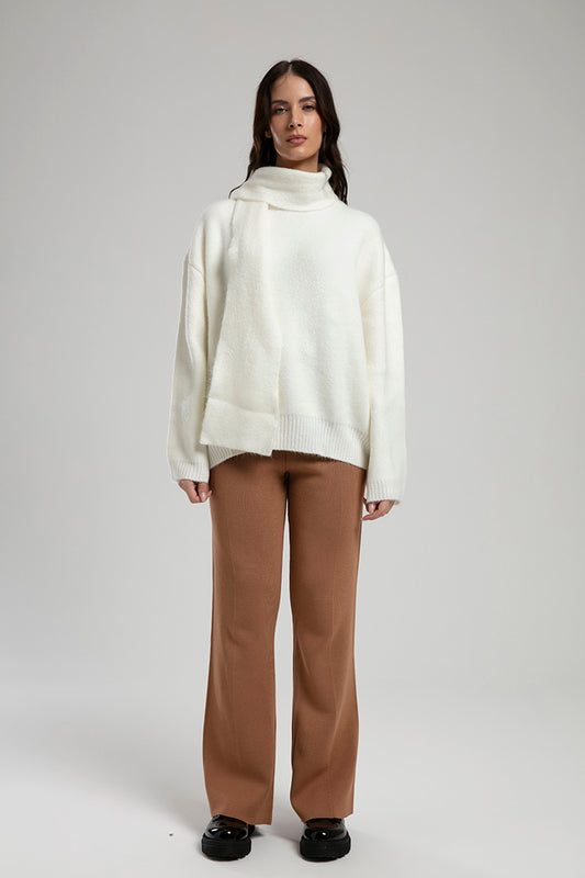 High-Neck Sweater with Scarf - Off White