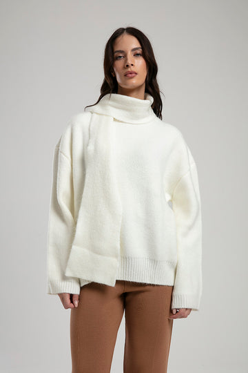 High-Neck Sweater with Scarf - Off White