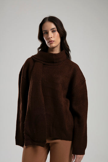 High-Neck Sweater with Scarf - Brown