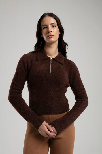 Fuzzy Knit Half-Zip Sweater - Brown
