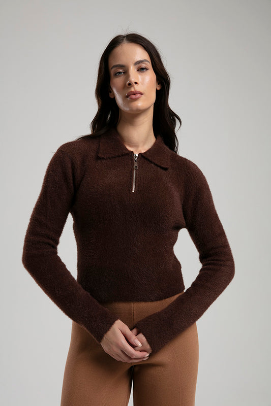 Fuzzy Knit Half-Zip Sweater - Brown