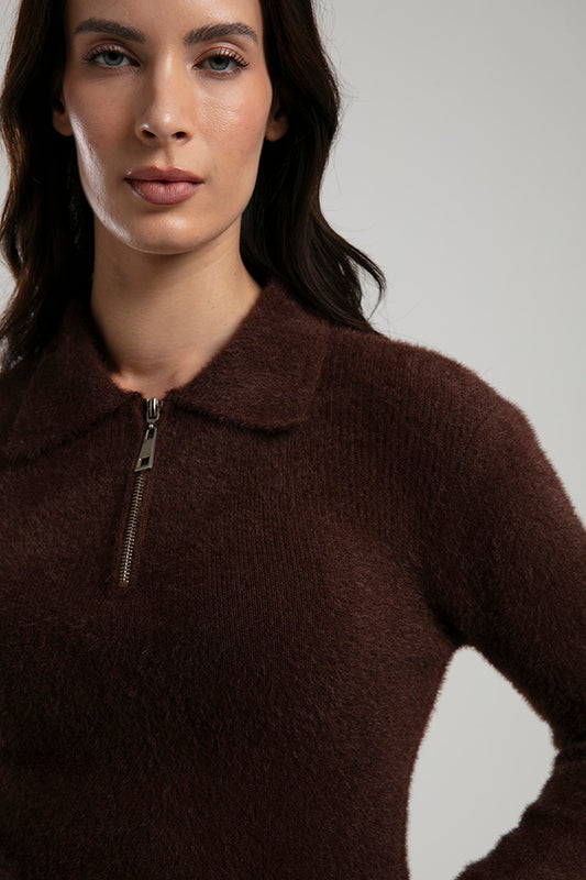 Fuzzy Knit Half-Zip Sweater - Brown