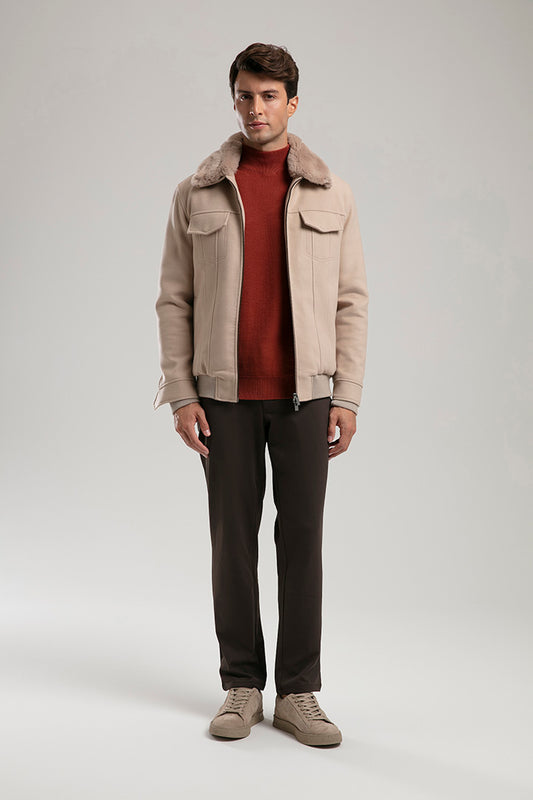 Zip-Up Jacket with Faux Fur Collar - Beige