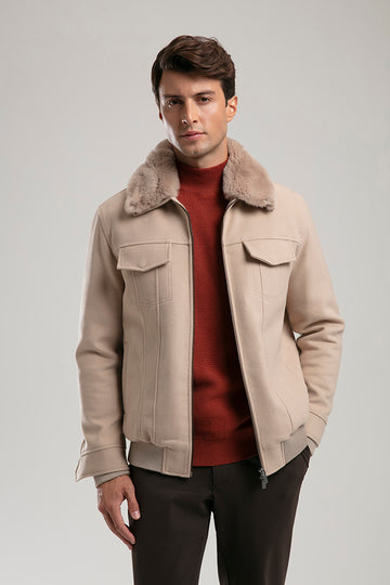 Zip-Up Jacket with Faux Fur Collar - Beige