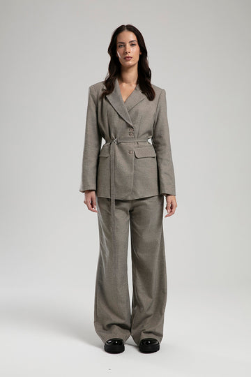 Belted Blazer & Wide-Leg Trouser Set - Grey