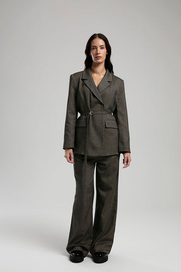 Belted Blazer & Wide-Leg Trouser Set - Brown