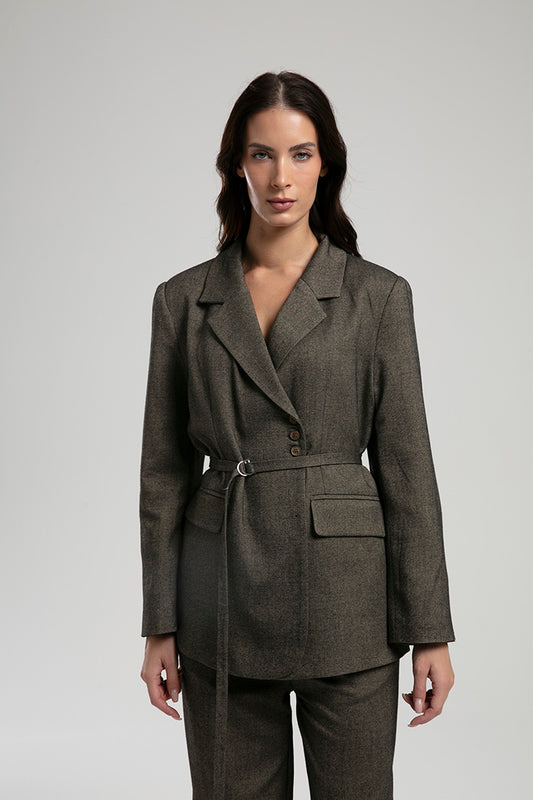 Belted Blazer & Wide-Leg Trouser Set - Brown