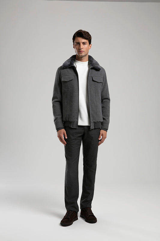 Zip-Up Jacket with Faux Fur Collar - Grey
