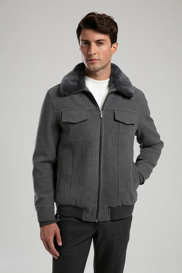 Zip-Up Jacket with Faux Fur Collar - Grey