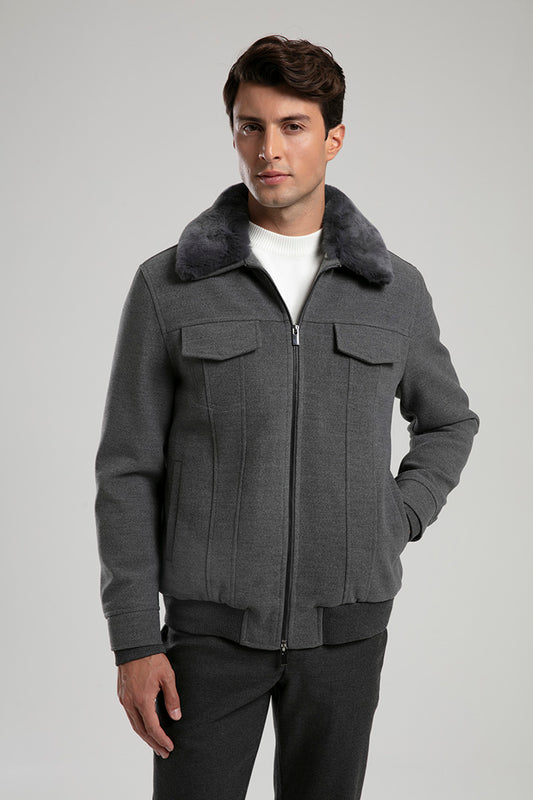 Zip-Up Jacket with Faux Fur Collar - Grey
