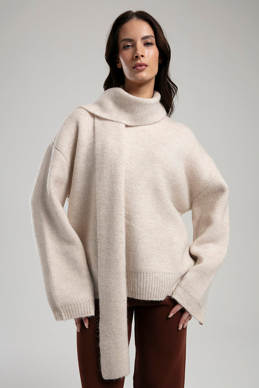 High-Neck Sweater with Scarf - Beige