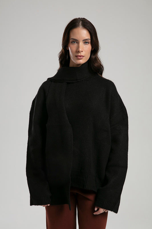 High-Neck Sweater with Scarf - Black