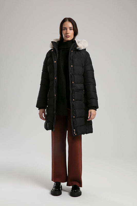 Long Puffer Parka with Faux Fur Hood – Black