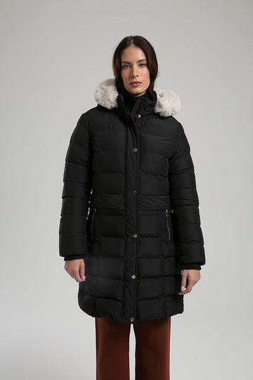 Long Puffer Parka with Faux Fur Hood – Black