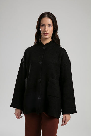 Button-Up Textured Jacket - Black