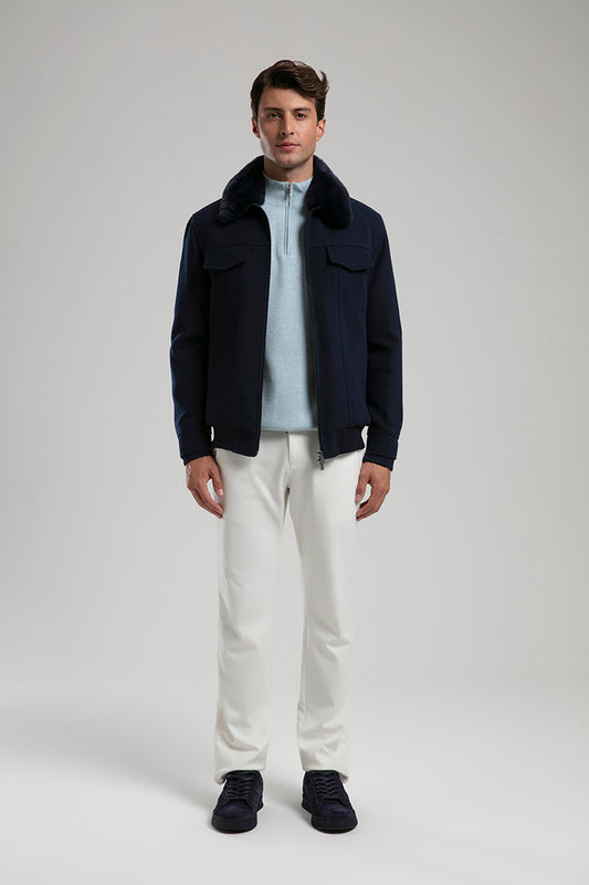 Zip-Up Jacket with Faux Fur Collar - Navy