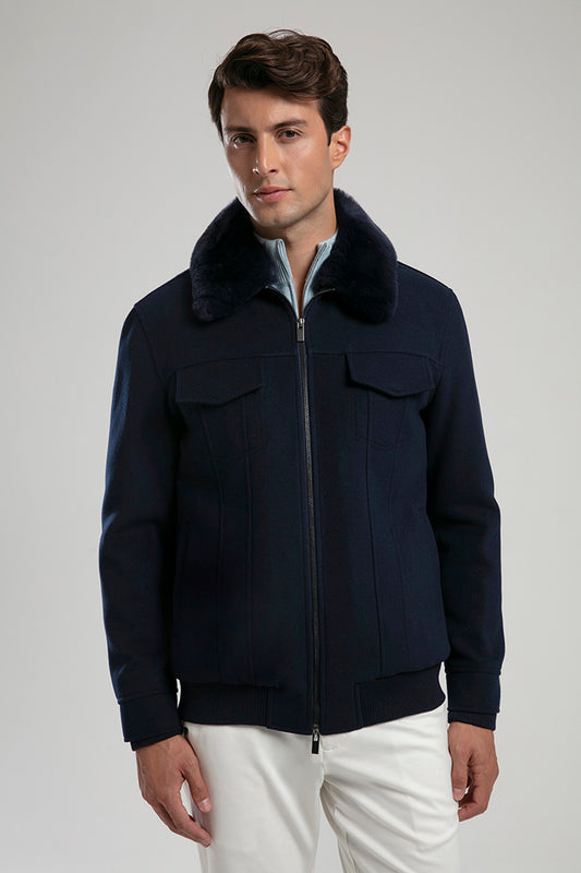 Zip-Up Jacket with Faux Fur Collar - Navy